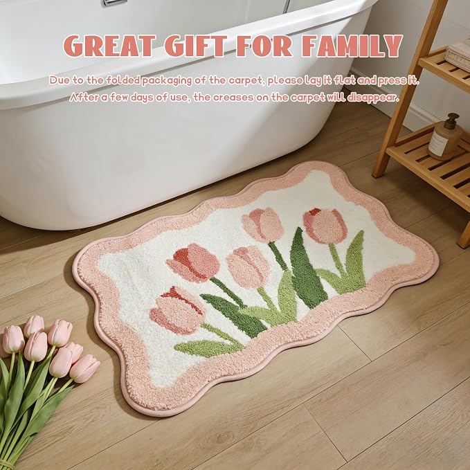 Wave-Shaped Tulip Bath Mat, Soft Non-Slip Fluffy Fresh Flowers Bathroom Rug, Ultra Absorbent Microfiber Shaggy Doormat, Machine Washable Floral Bath Rug for Bathroom Bedroom 20x31 Inch (Wave Pink)
