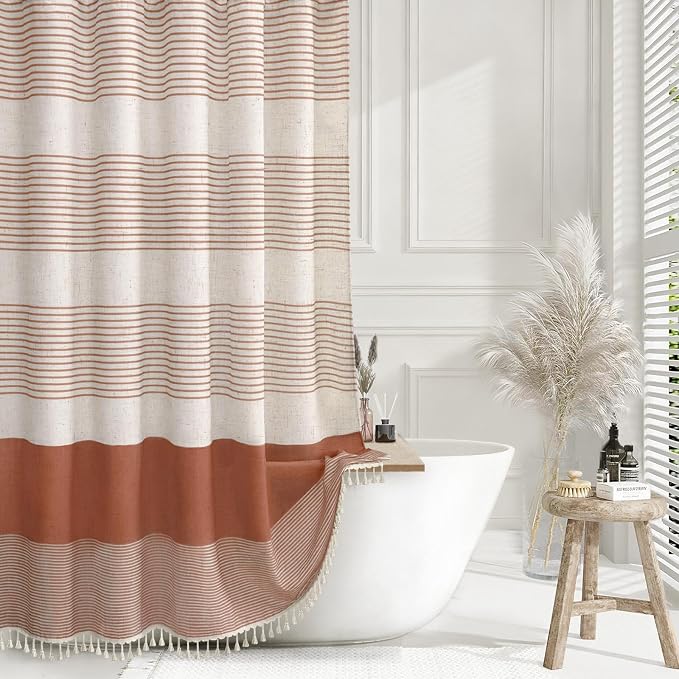 Coral Boho Linen Striped Shower Curtain with Tassel 72" W X 72" L | Boho Farmhouse Shower Curtains with Linen Texture for Bathroom Decor