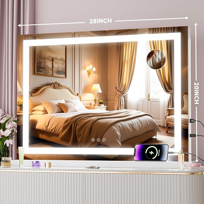 Vanity Mirror with Lights, 28" x 20" LED Makeup Mirror with 10X Magnification, Dimmable 3 Modes, Memory Function, Smart Touch, USB Charging Port, Lighted Makeup Mirror Square White