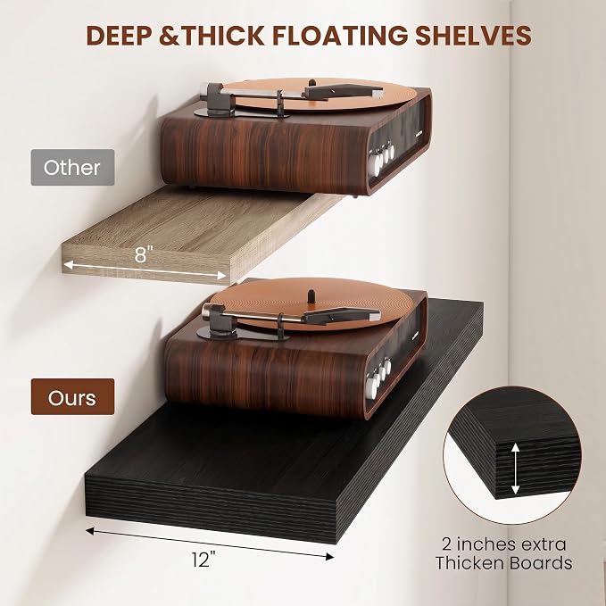 12 Deep Floating Shelves for wall,55 Inch Extra Long Large Wall Shelves Set of 2,2 Inch Thick Heavy Duty Floating Wall Mounted Shelves,Floating Shelf for Fireplace Mantel,Black