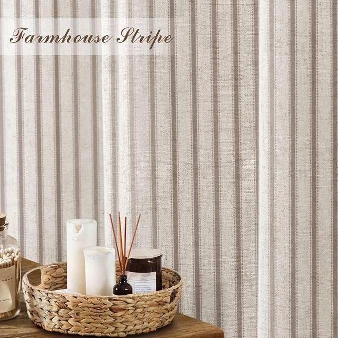Farmhouse Striped Shower Curtain Taupe Vintage Linen Curtain 72"W X 72"L | Striped Shower Curtains with Linen Texture for Bathroom Decor