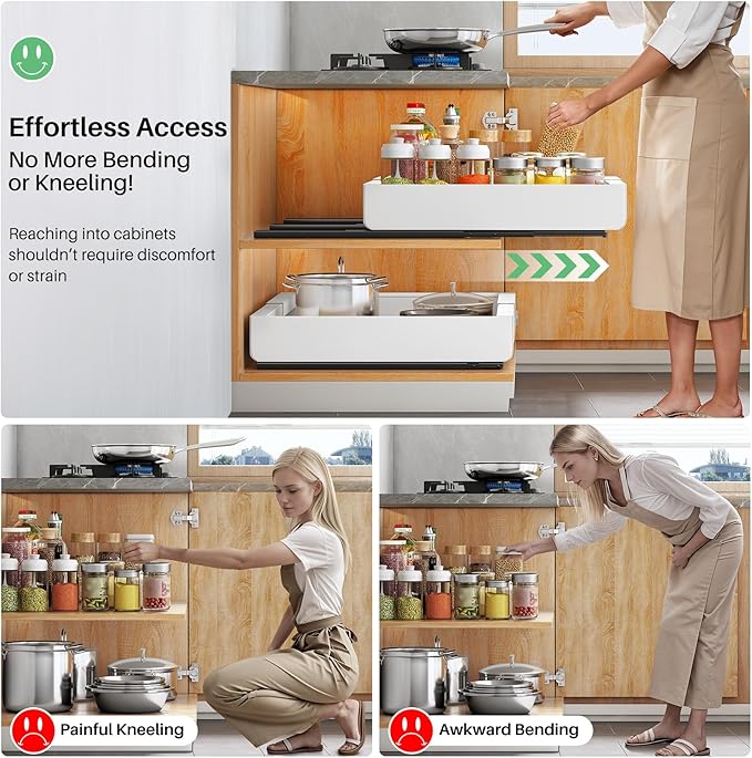 Kitstorack Pull out Cabinet Organizer, Expandable(12"-20") Heavy Duty Slide out Drawers Fixed with Adhesive Nano Film for Pots, Roll out Shelf Storage for Kitchen Base Cabinet Organization(White)