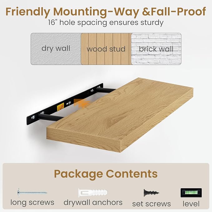 Fun Memories 72 Inch Long Floating Shelves for Wall, 72x9.3 Large Floating Shelf for Bedroom, Kitchen, Bathroom, Wall Mounted Rustic Wood Shelves with Invisible Bracket for Books, Decor, Oak
