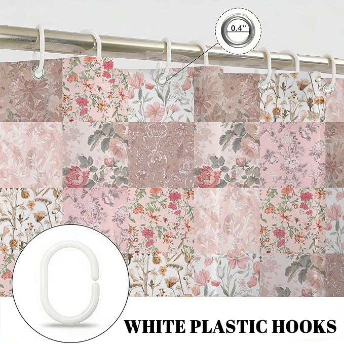 Shower Curtains for Bathroom, Boho Shower Curtain, Vintage Boho Pink Floral Bathroom Decor Bath Curtain, Mid Century Waterproof Retro Farmhouse Patchwork Floral Shower Curtain, 72 X 72 Inches
