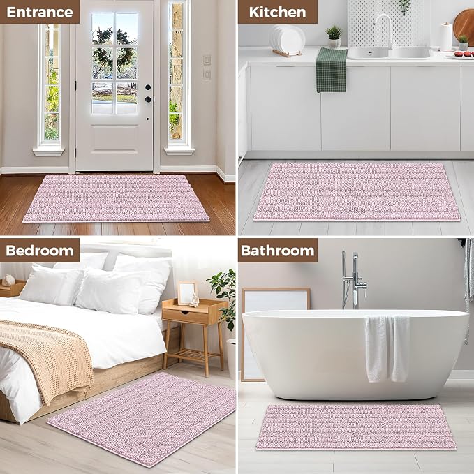 Bcoimo Bath Rug Mat,48x30 Chenille Non Slip Pink Long Bathroom Runner Rugs | Extra Soft Bathroom Floor Mats;Non Slip with Rubber Back Bath Mats;High Absorbent, Quick Dry Microfiber mat; Machine Washable