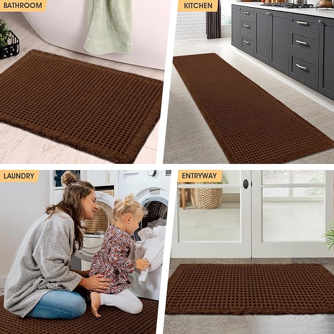 Waffle Bath Mat Brown 32"x20", Boho Woven Modern Bath Mat Rugs, Absorbent Non Slip Bathroom Rugs, Soft Washable Bath Rugs with Tassels for Bathroom, Bedroom, Kitchen, Shower, Tub