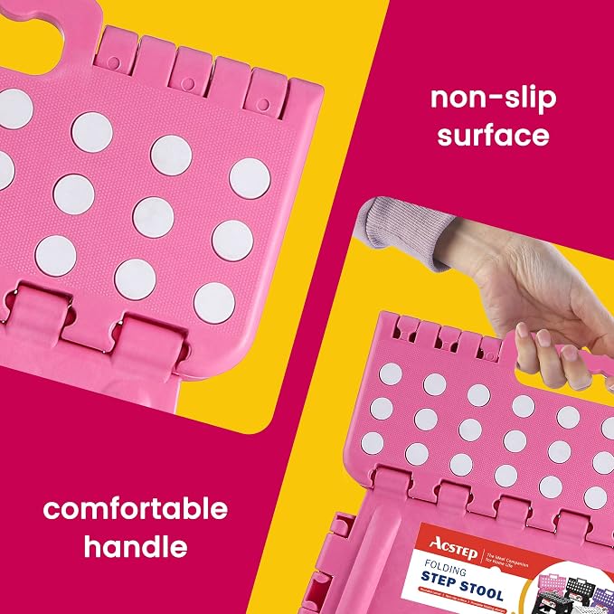 9" Folding Step Stool for Kids, Holds 300 lb Foldable Stools, Pink | Heavy Duty Collapsible Foot Stools, Lightweight, Non-Slip, for Toddler/Adults Kitchen Bathroom Bedroom Outdoor, with Handle