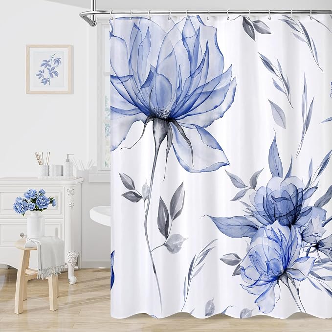 Litabel Dark Blue Boho Watercolor Floral Shower Curtain, Ink Painting Style Blossom & Leaf Shower Curtains for Chic Elegant Bathroom, Artistic Fabric Cloth Modern Flower Shower Curtain, 72x72