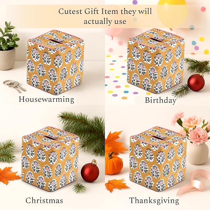 CPC Yellow Citrine Hand Block Printed Cotton Tissue Box Cover 5" x 5" x 5.5" Square Soft Reusable Boho Napkin Holder for Home Kitchen Dining Bathroom Office Cafe Spa, Gift for Spring, Mother's Day