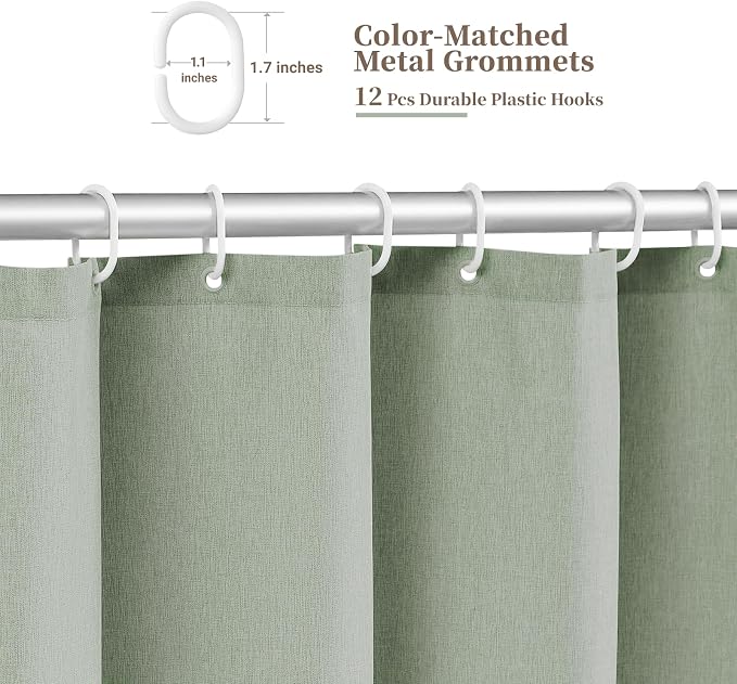 Boho Scalloped Linen Textured Cloth Shower Curtain, 72x84, Sage Green | Tall Size, 230GSM Waterproof Polyester, Heavy Duty Fabric, 12 Plastic Hooks, Elegant Modern Farmhouse Style, Machine Washable