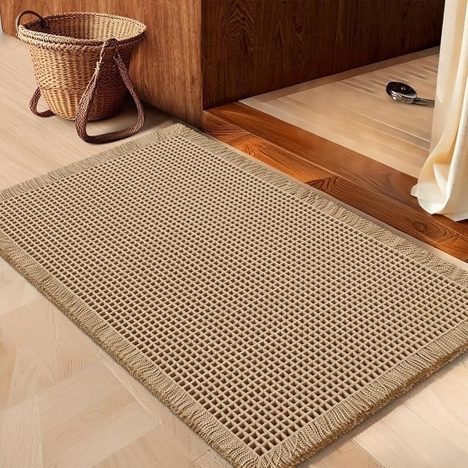 Waffle Bath Mat Beige 24"x17", Boho Woven Modern Bath Mat Rugs, Absorbent Non Slip Bathroom Rugs, Soft Washable Bath Rugs with Tassels for Bathroom, Bedroom, Kitchen, Shower, Tub
