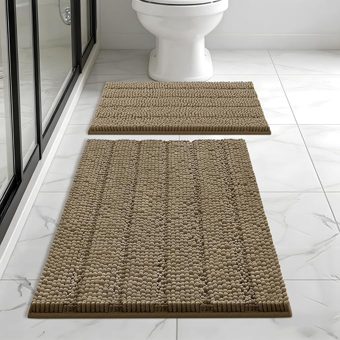 Bcoimo Bath Rugs Mat Set,2 Piece Non Slip Chenille Latte Bathroom Mat Sets | Extra Soft Bathroom Rug set;Non Slip with Rubber Backing Microfiber Mat;High Absorbent And Quick Drying mats;Machine Washable
