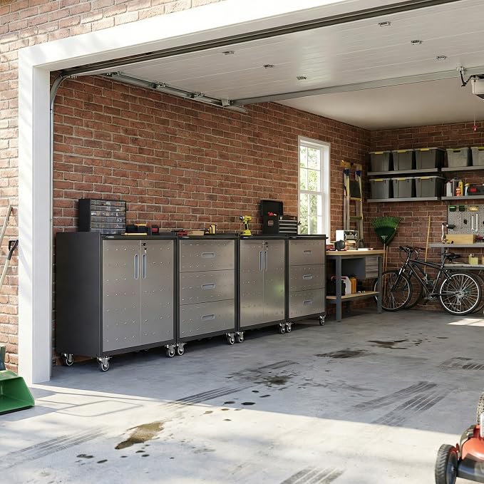 Garage Storage Cabinet System,Wall Cabinet & Locking Rolling Tool Cabinet with Doors and Adjustable Shelves