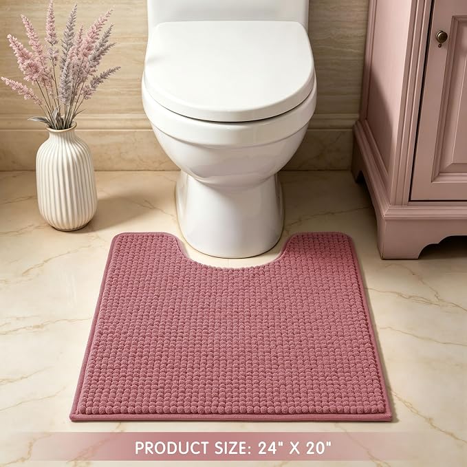 SUBRTEX Bathroom Rugs, U Shaped Chenille Bath Rug 24" x 20" Soft Short Plush Bath Mat Soft Shower Mat Water Absorbent Shower Mat Quick Dry Machine Washable, Pink