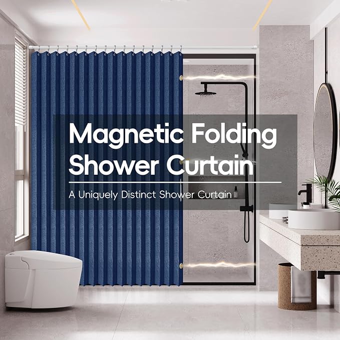 AJAZZ Magnetic Folding Shower Curtains Fabric Polyester Material Waterproof Shower Curtain Suitable for Family Hotel Homestay (Dark Blue,77" W x 78" L) 1 Panel