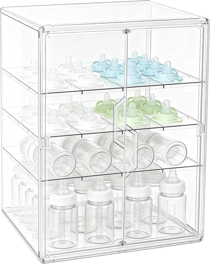 ERTIUANIO Baby Bottle Organizer – 4 Tier Bottle Storage Organizer Baby with Double Magnetic Doors for Nipples, Pump Parts, Food Jars – Clear Nursery Cabinet for Countertop Kitchen