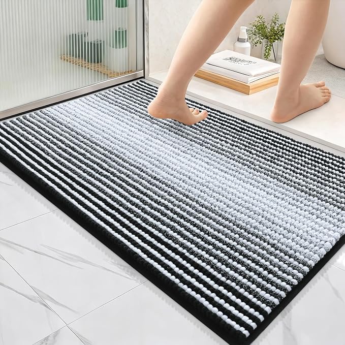 OLANLY Bathroom Rugs 36x24, Soft Chenille Striped Bath Rugs, Black | Extra Absorbent, Rubber Backing, Machine Wash Dry, Bath Mats for Bathroom Floor, Tub and Shower, Home Decor Accessories