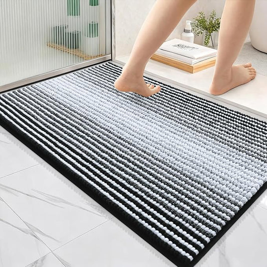 OLANLY Bathroom Rugs 36x24, Soft Chenille Striped Bath Rugs, Black | Extra Absorbent, Rubber Backing, Machine Wash Dry, Bath Mats for Bathroom Floor, Tub and Shower, Home Decor Accessories