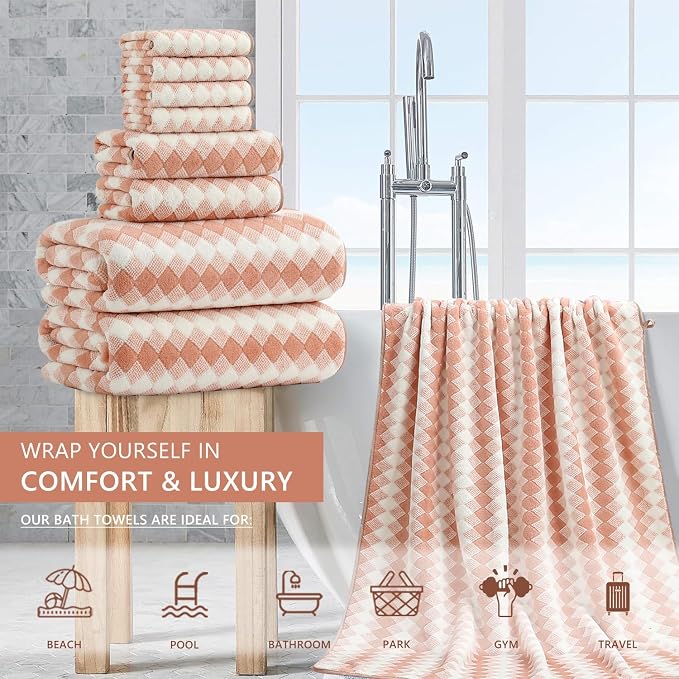 8 Piece Bathroom Towel Set |2 Oversized Bath Towels,2 Hand Towels,4 Washcloths| 600GSM Soft Hotel Towel Set Extra Large Bath Sheet for Bathroom,Highly Absorbent Quick Dry Bath Towel Collections,Peach