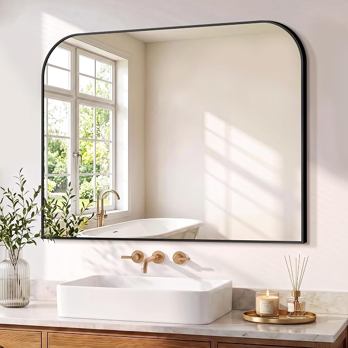 Bathroom Black Vanity Mirror for Over Sink, 30" x 40" | Metal Framed Rounded Corner, Shatterproof Glass, for Bedroom, Living room, Entryway