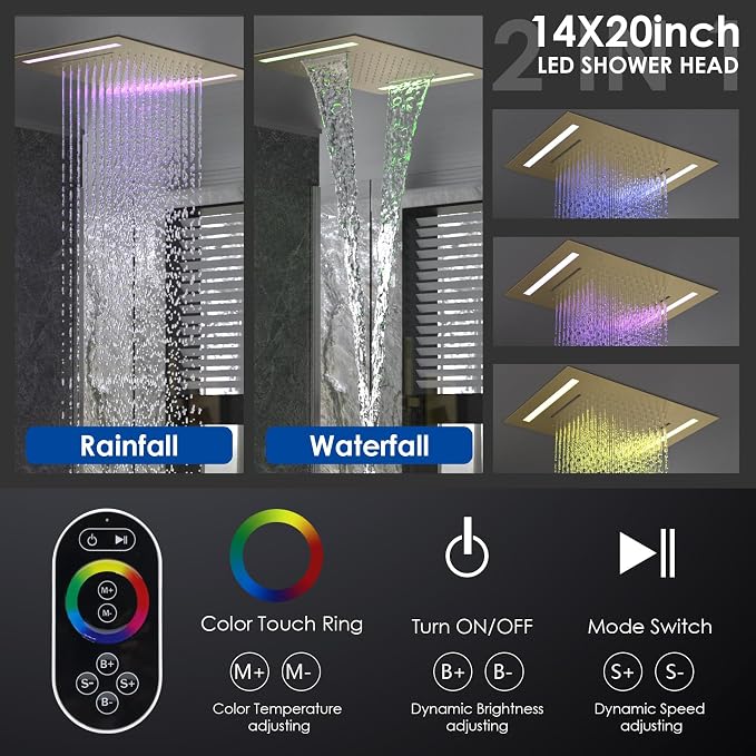 ENGA Shower System with Body Jets, 2 In 1 Functions Ceiling Mount 14x20inch LED Shower Head with 4 Body Jets, Rainfall Waterfall Shower Faucet Set, Brushed Gold