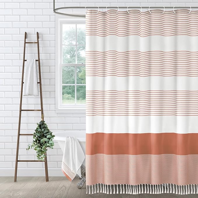 Coral Boho Cotton Striped Shower Curtain with Tassel 72" W X 72" L | Boho Farmhouse Shower Curtains for Bathroom with Soft Cotton Feel