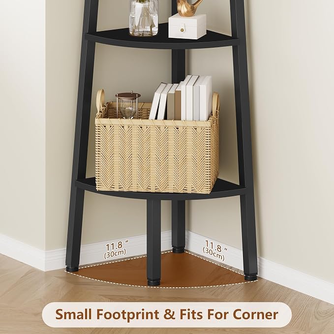 Hoctieon Corner Shelf, 3-Tier 40" Tall Corner Bookshelf, Rustic Ladder Shelf, Industrial Display Stand for Living Room, Kitchen, Home Office, Balcony, Small Space, Metal Frame, Black