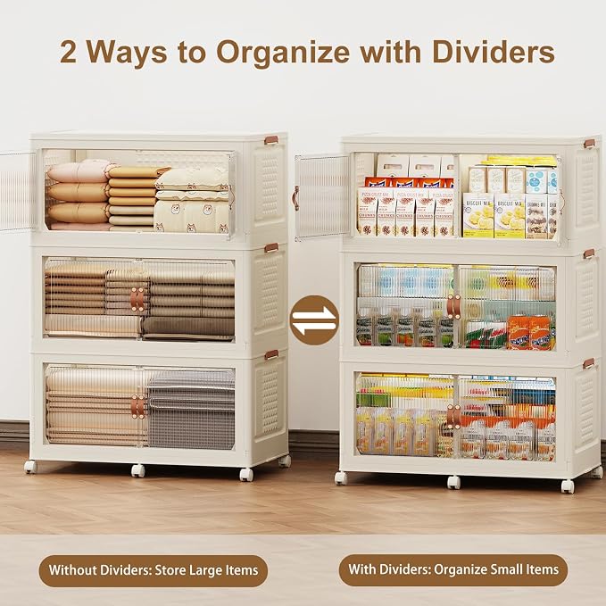 SAILUN 579Qt Stackable Storage Bins,Storage Cabinet with a Lid,3 Pack Cream | Stackable Storage Drawers with Lids,33.5" W x 19" D x 53" H,Featuring open-front Access for Clothes and Closet Storage