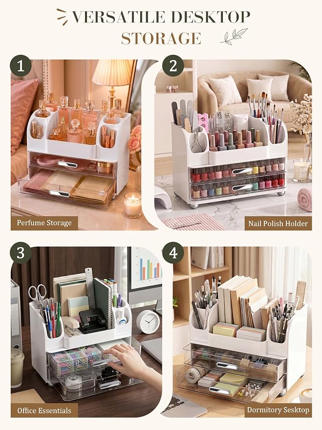 Large Makeup Organizer Countertop for Vanity Skincare Organizers | Bathroom Organizers and Storage with Brushes Holders, Waterproof Cosmetic Organizer for Perfumes Lipsticks Nail Polish, White