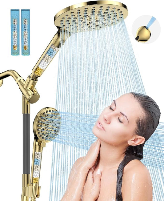 Dual Filtered Handheld Shower Heads Combo, HOPOPRO 15-Mode High Pressure Rainfall Showerheads Combo Set with Filter, for Hard Water, Removes Chlorine, Improves Skin Hair Condition, Modern Gold