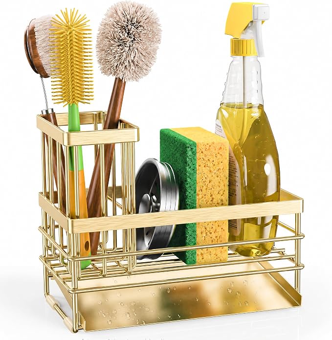 Cisily Gold Sink Caddy Sponge Holder for Kitchen with Brush Holder and Stainless Steel Self Drain Tray, Rustproof Kitchen Sink Organizer for Sponge, Soap Dispenser Storage Accessories