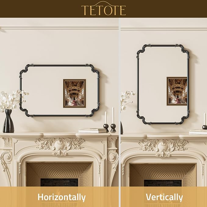 Baroque Antique Black Scroll Wall Mirror 42 x 36 Vintage Rectangle Framed Baroque French Rectangular Mirror for Mantle Fireplace Bathroom Living Room, Horizontal/Vertical