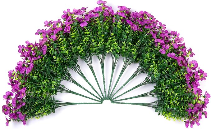 florisso Artificial Flowers for Outdoors Daisy 12 Bundles for Home | Faux Flower Fake Plants Outside Decoration with Eucalyptus UV Resistant for Planter Porch Patio Yard Garden Purple