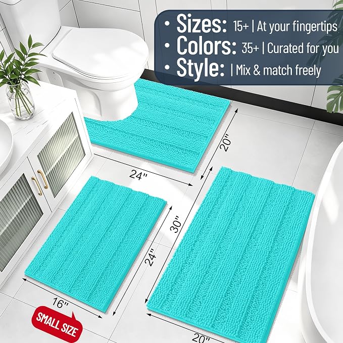 Smiry Thick Chenille Bathroom Runner Rugs 70x24, Absorbent Bath Mat, Teal | Quick‑Dry & Machine Washable, Non‑Slip Bath Carpet, Soft Striped Bath Rugs for Tub & Shower, Modern Home Decor Accessories