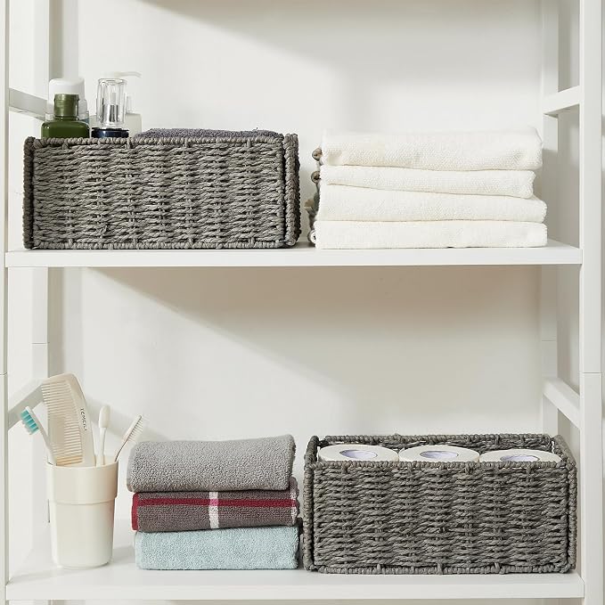 Wicker Storage Basket, Set of 2 Grey Baskets for Toilet Paper | Hand-Woven Wicker Baskets, Small Storage Baskets for Organizing with Handles Foldable Cube Storage Organizer Bins for Shelves