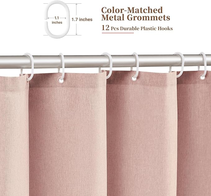 72x78 Boho Scalloped Linen Textured Cloth Shower Curtain, Blush Pink | Long Size, 230GSM Waterproof Polyester, Heavy Duty Fabric, 12 Plastic Hooks, Elegant Modern Farmhouse Style, Machine Washable