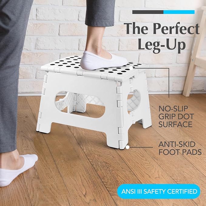Handy Laundry Folding Step Stool 8 Inch, White, Non-Slip Holds 300 lbs | 8 Inch, White, Foldable Collapsible Step Stool, Non-Slip, Holds 300 lbs, Kitchen Bathroom Bedroom, Adults