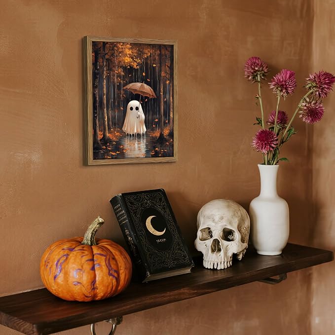Framed Vintage Halloween Ghost Canvas Wall Art, Cute Ghost Holding Umbrella Poster Print, Autumn Rainy Forest Halloween Artwork, Whimsical Wall Decor for Living Room Bedroom Hallway, 12x16in