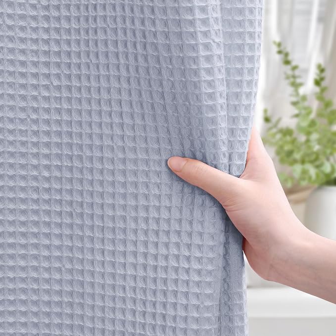 Waffle Weave Shower Curtain Heavyweight Cotton Fabric Misty Blue 72Wx75L | Soft Cotton Cloth,3D Square Truely Waffle,Washable, Hotel Luxury Spa, Shower Curtains for Narrow Bathroom 12 Plastic Hooks