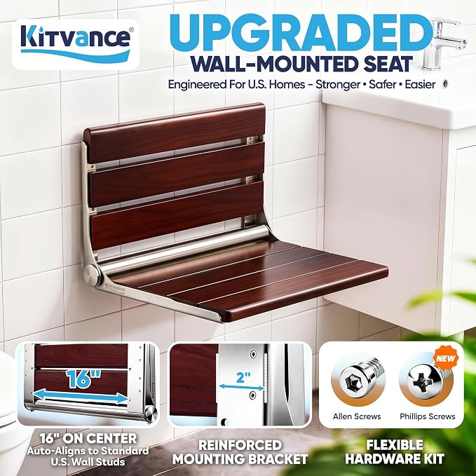 [Upgraded Version] 18" ADA Compliant Folding Teak Shower Seat Wall Mounted-Folding Shower Bench, Folding Shower Seat for Inside Shower, Teak Foldable Shower Chair, Fold Down Shower Seat, Max 400lbs