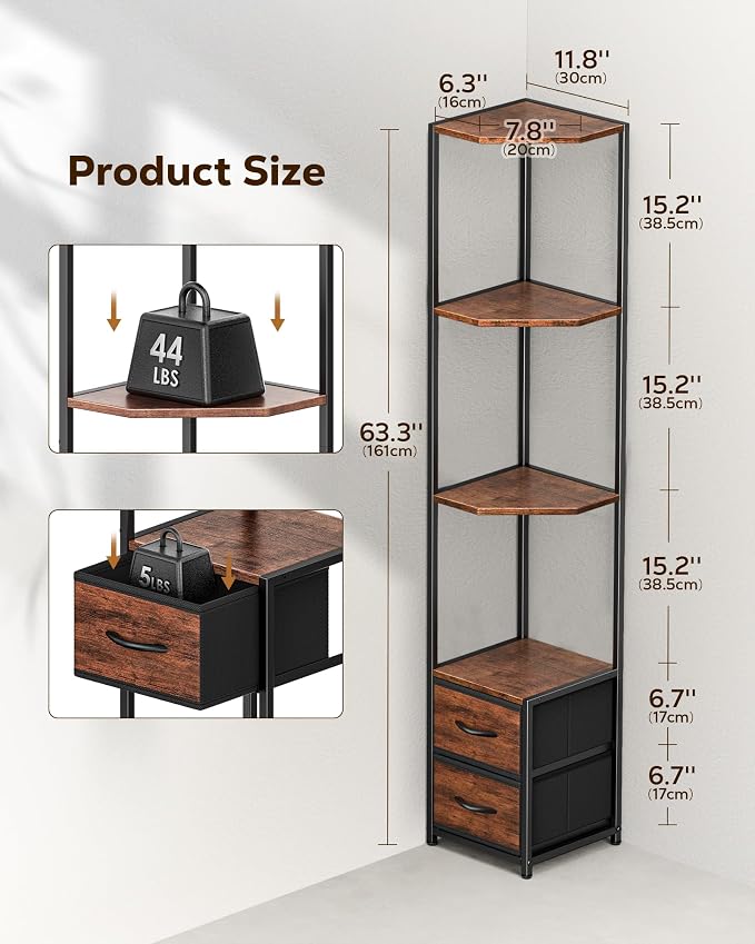 Housolution 6 Tier Corner Shelf Stand with Storage and Fabric Drawers,Brown | 63.4'' Tall Narrow Corner Bookshelf, Freestanding Corners Storage Shelf for Living Room Bedroom Small Space