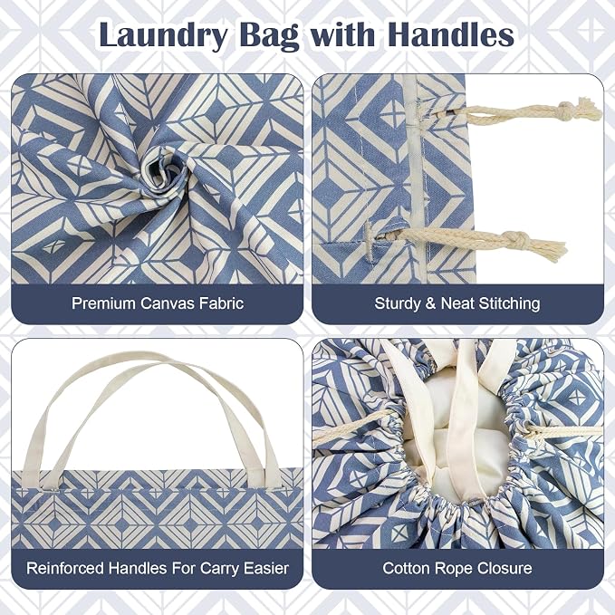 Canvas Laundry Bag with Handles & Drawstring, XL 33"Wx 35"H,Geometry Blue | Extra Large Heavy Duty Washable Basket Liner Hamper Liner Replacement, Thick Canvas Storage Sack, 1Pack