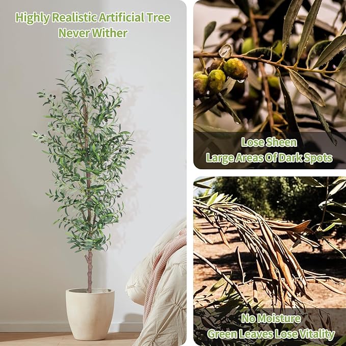 Artificial Olive Tree 8FT Tall Faux Olive Tree Fake Potted Silk Plant | 96in Trunk and Realistic 1574 Leaves and 48 Fruits for Modern Office Home Decor Indoor（1pack）