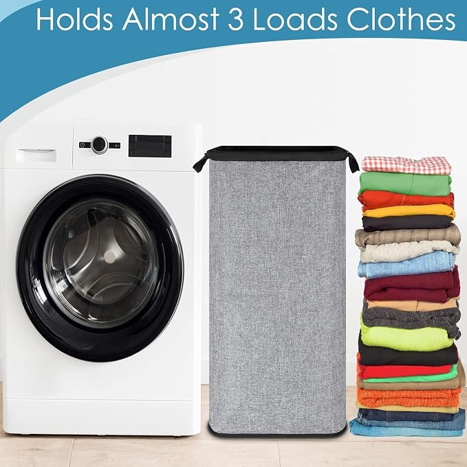 Extra Large Laundry Hamper, Folding 100L Laundry Basket, Grey | Dirty Clothes Hamper for Bedroom, Tall Hamper, Sturdy Storage Organizer for Clothes and Toys