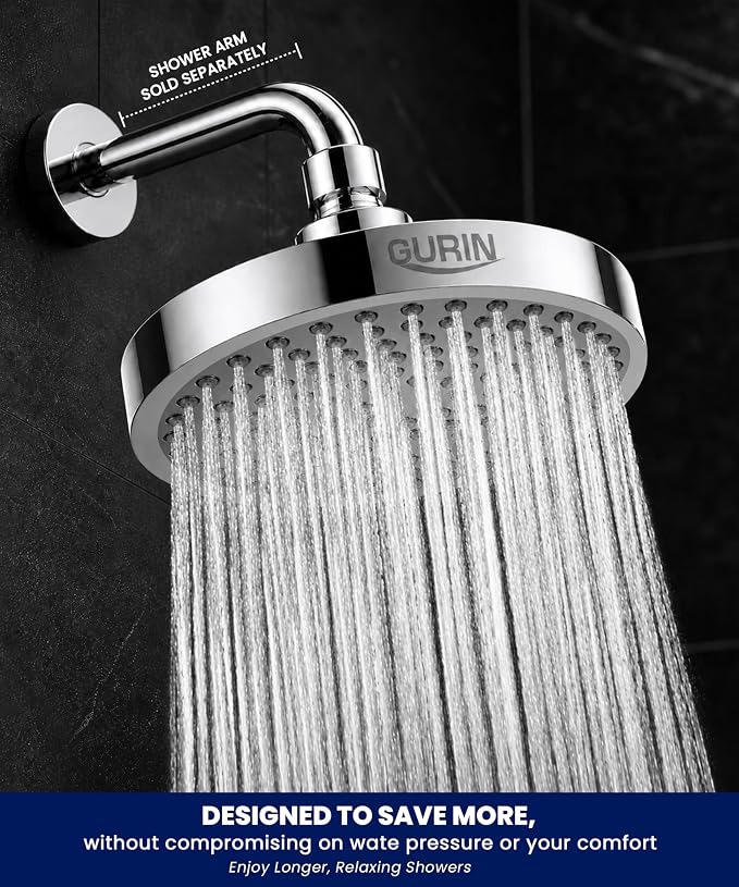 Shower Head - Luxury Polished Chrome Finish - Rain Showerhead 6 Inch | High Pressure Shower Heads with Adjustable Angles, 90 Anti-Clog Nozzles, Tool-Free 1-Min Install