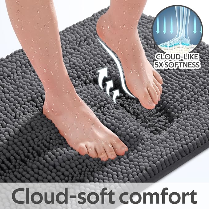 Striped Grey Toilet Bathroom Rug Mat Bath Mat Set 2 piece Ultra Soft, Non Slip Chenille Bath Rugs, Absorbent Plush Shaggy Bath Mats for Bathroom, Bedroom, Kitchen, Shower, Tub,Dark Gray, Charcoal