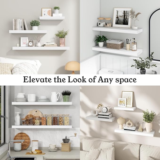 Floating Shelves for Wall, 9.3" Deep Wall Mounted Wood Shelves for Bathroom, Bedroom, Living Room, Kitchen, Hanging Shelf for Books/Storage/Room Decor (White, 48")