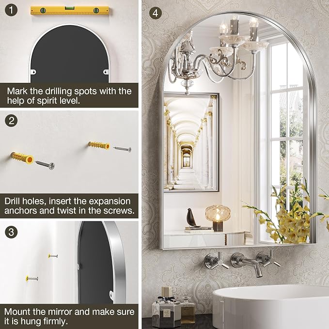 Brightify Arched Mirror 24 x 32 Inch, Silver Arch Mirror for Wall | Metal Frame Silver Bathroom Mirror, Arched Top Bathroom Vanity Mirror for Living Room Bedroom Mantel Entryway Hallways