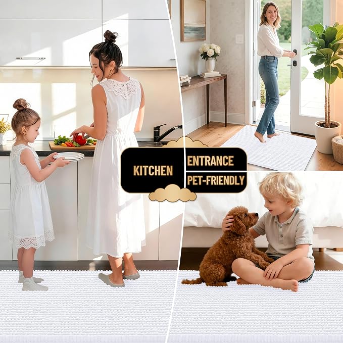 OLANLY Thick Chenille Bathroom Runner Rugs 44x24, Absorbent Bath Mat, White | Soft Bath Rugs, Rubber Backing, Machine Wash Dry, Bath Mats for Bathroom, Tub and Shower, Home Decor Accessories