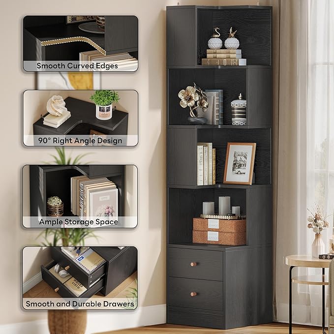 IRONCK Corner Bookshelf, 70.87" Tall Corner Bookcase with Drawers, Black | 90° design saves space. 110 lb capacity. Corner Shelf Storage Display Rack for Living Room Home Office